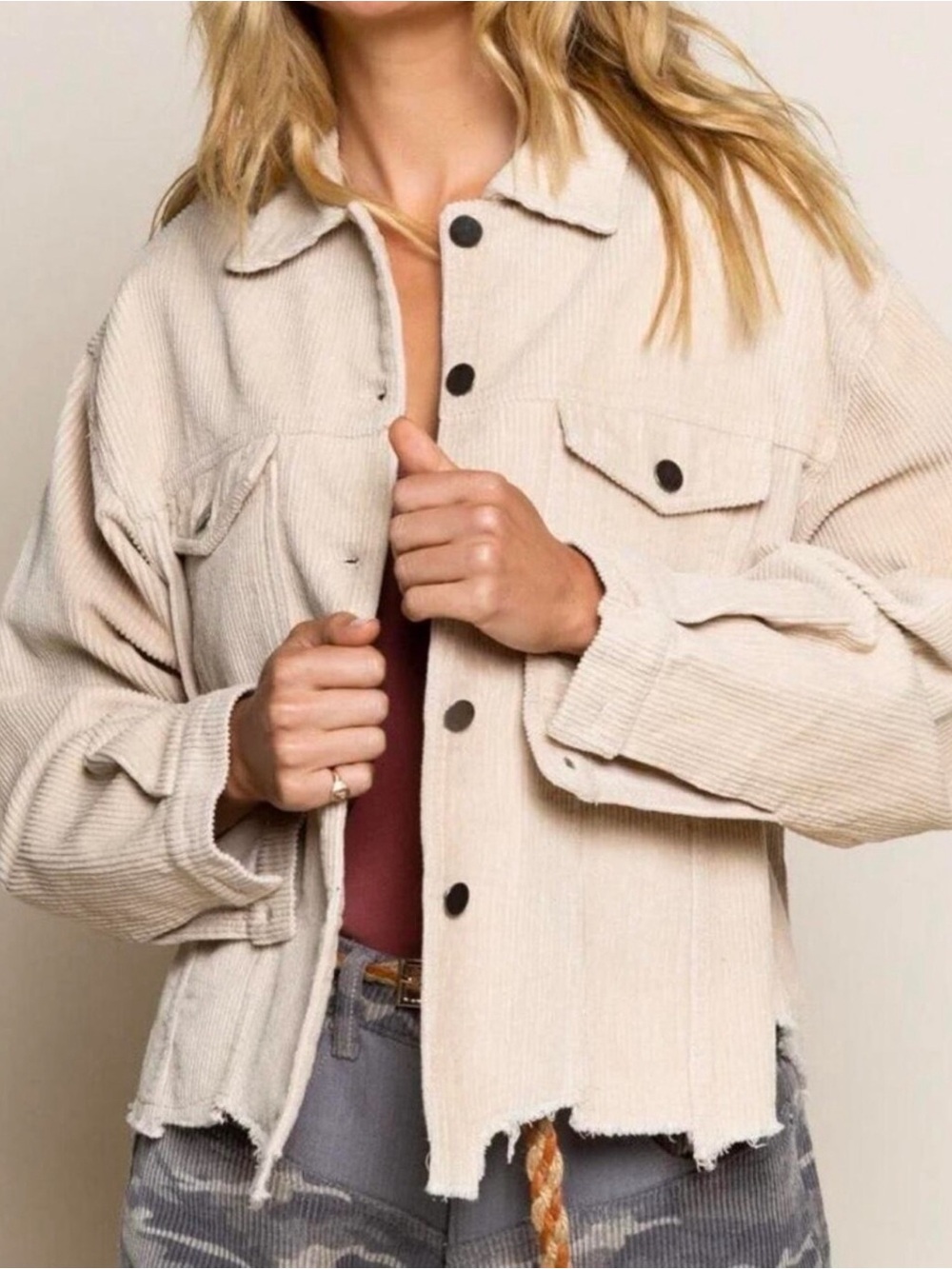 POL Cream Corduroy Raw Hem Jacket Size M